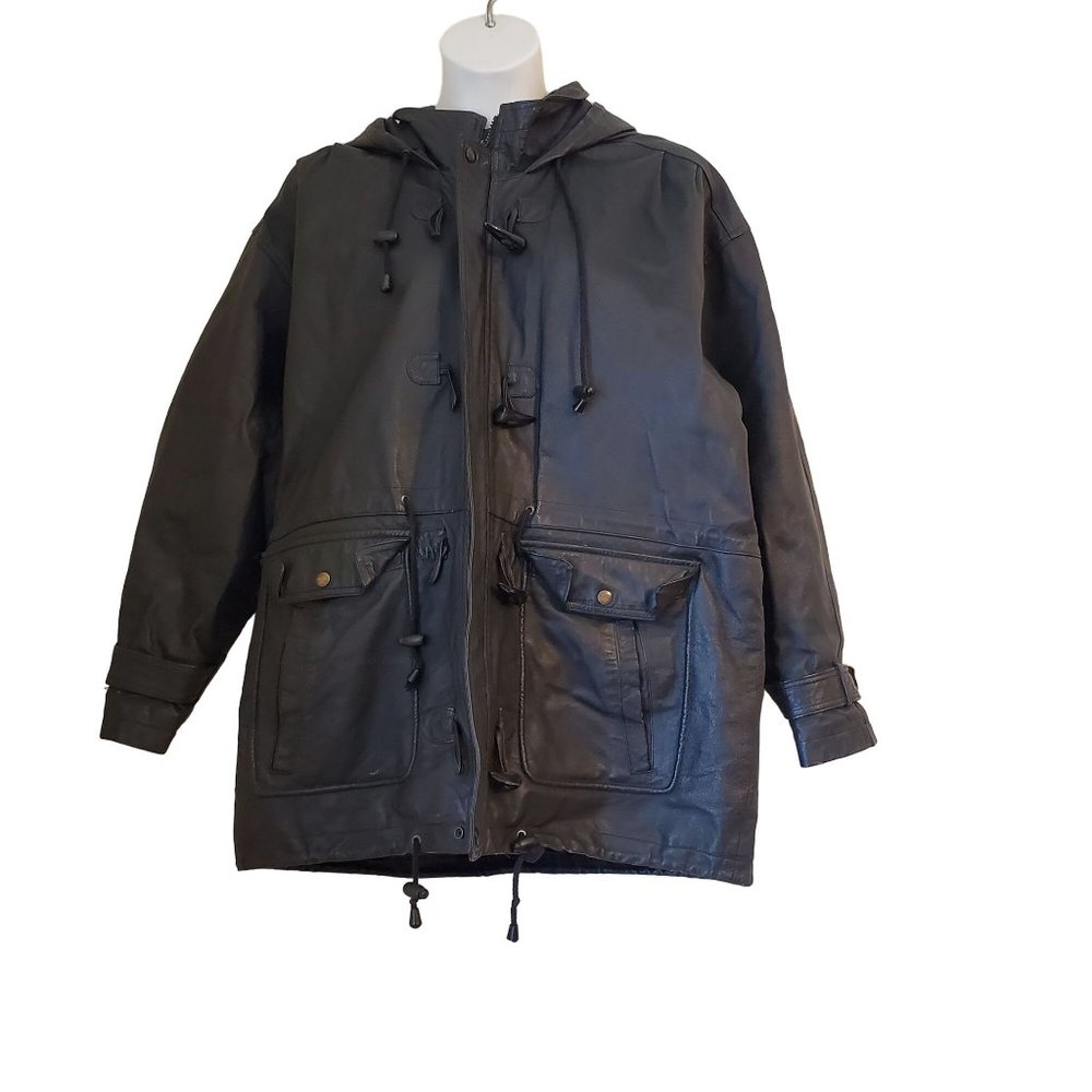Wilsons L Black Leather Belted Trench‎ Coat Pockets Hood Toggles